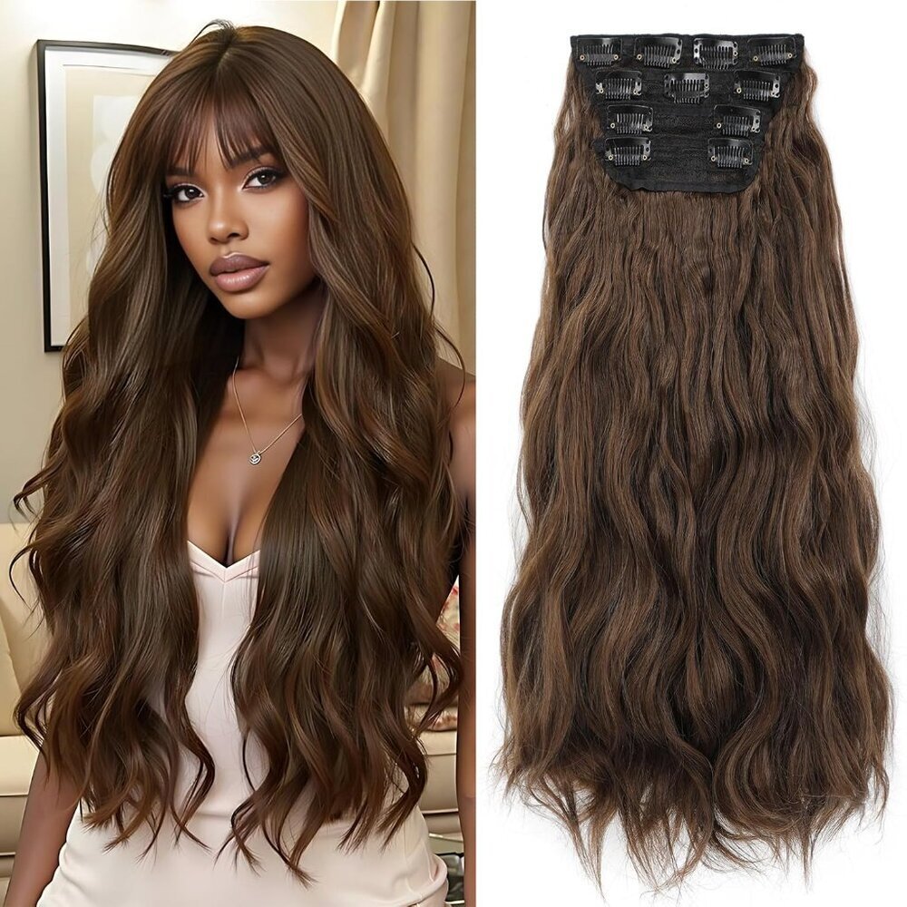 Clip in Hair Extensions Synthetic Curly Wave 20 Inch Light Brown Natural Look